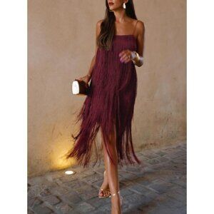#254 Florence Fringed Open Back Short Dress (Burgundy)